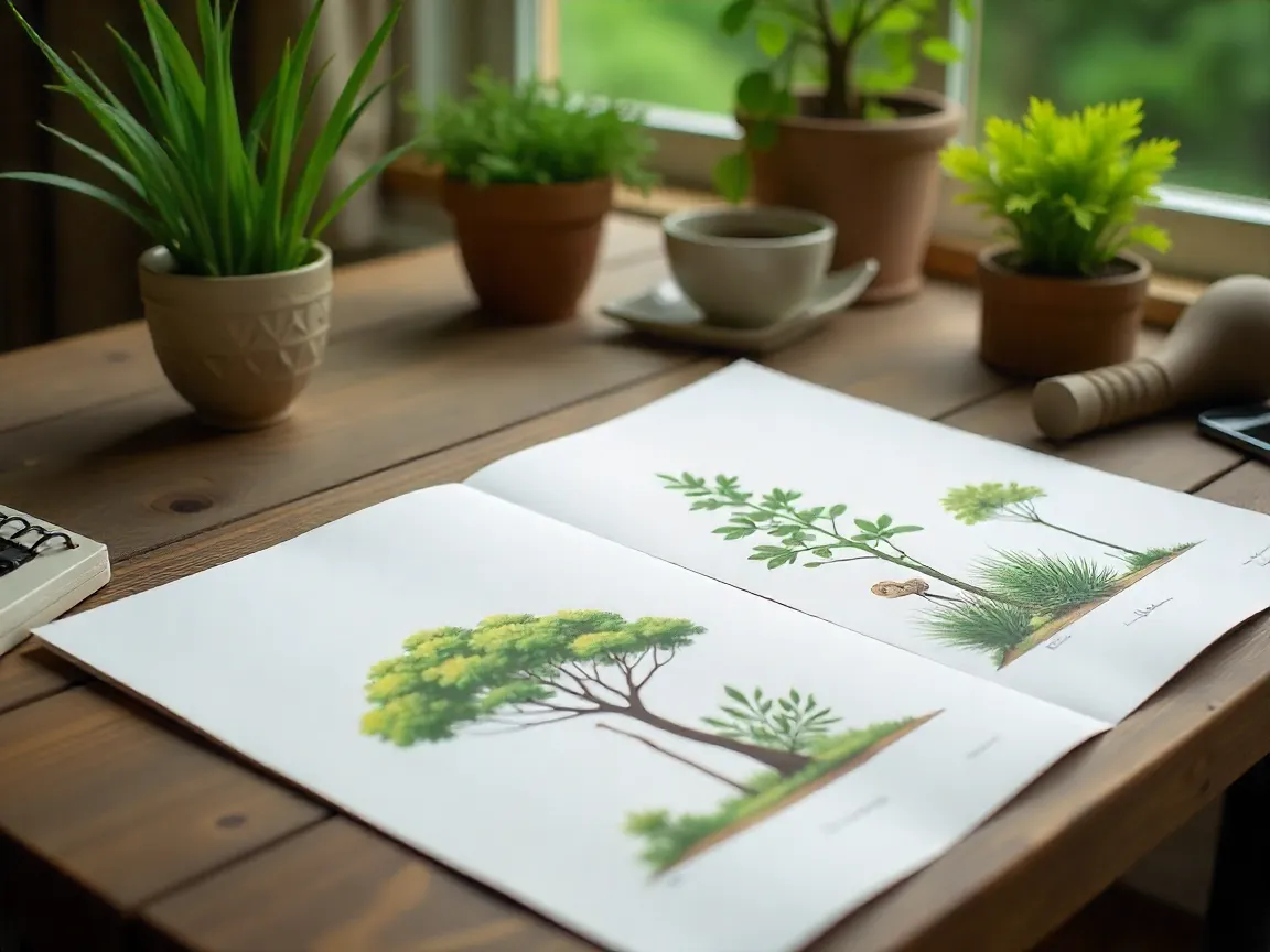 Garden design process with sketches and plant selection on table