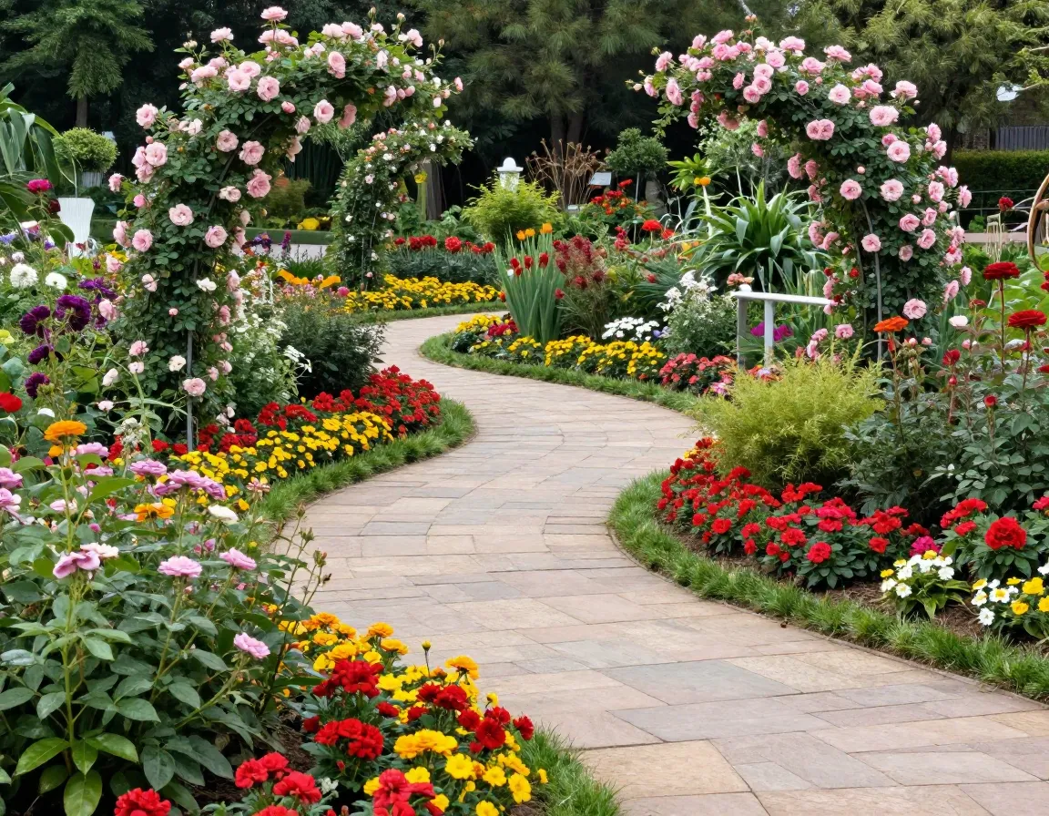 Inspiring garden with colorful flowers and creative arrangements